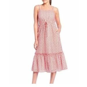 Cremieux Debi Red Eyelet Tank Ruffle Hem Midi Cotton Dress Small
